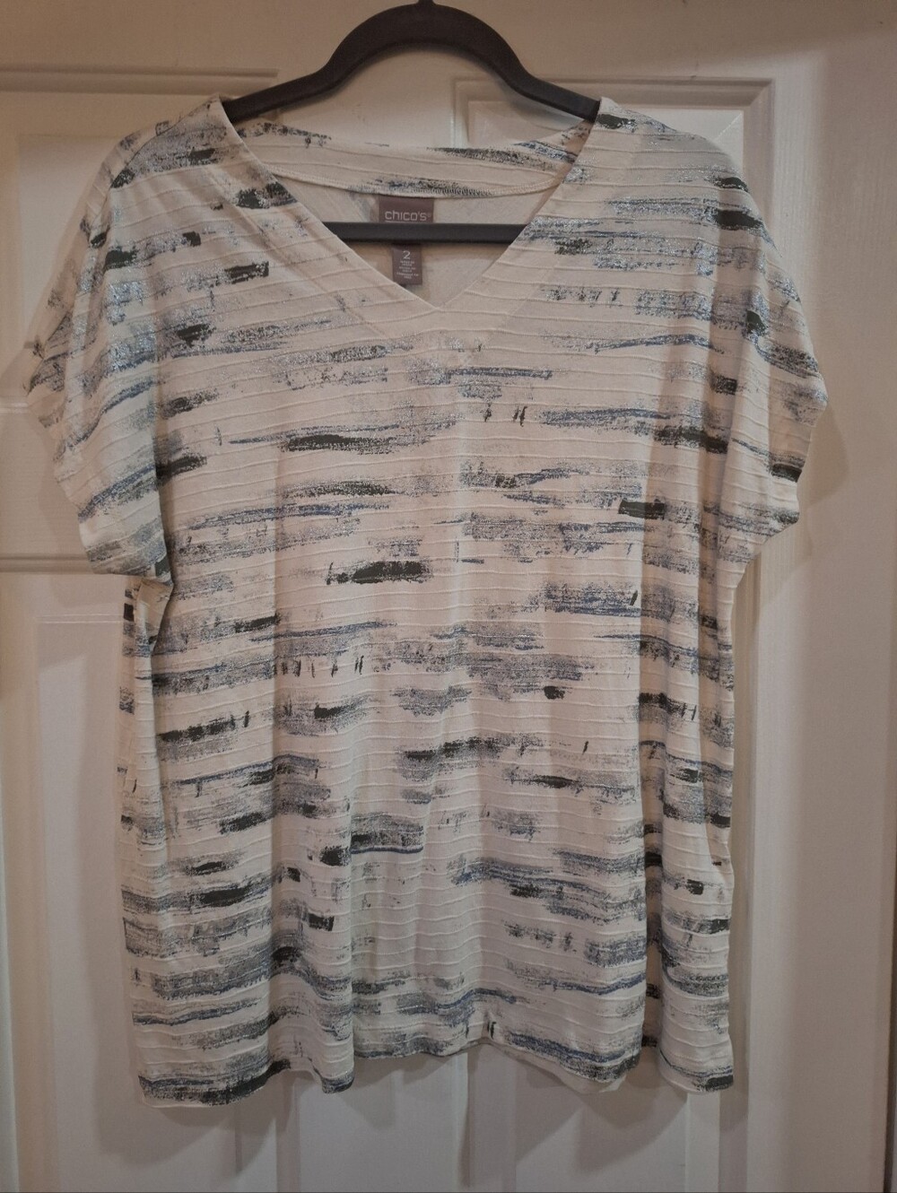Chico's White Tee with Green & Silver Brush stroke Stripes